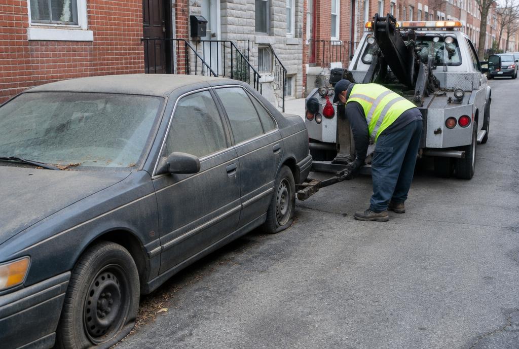 Tow operator hooking up an abandoned car with flat tires on a Philadelphia side street