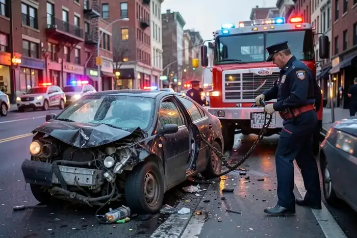 Damaged vehicle being cleared from a Philadelphia roadway after an accident
