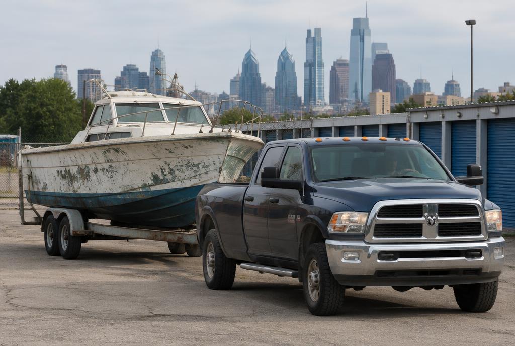 Old boat on a trailer towed out of a Philadelphia storage lot during boat and RV removal