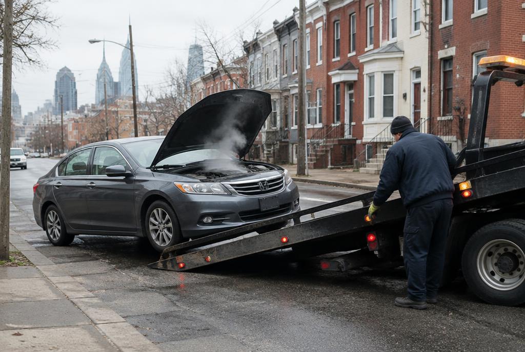 Broken-down car with open hood loaded onto a flatbed during broken car removal in Philadelphia
