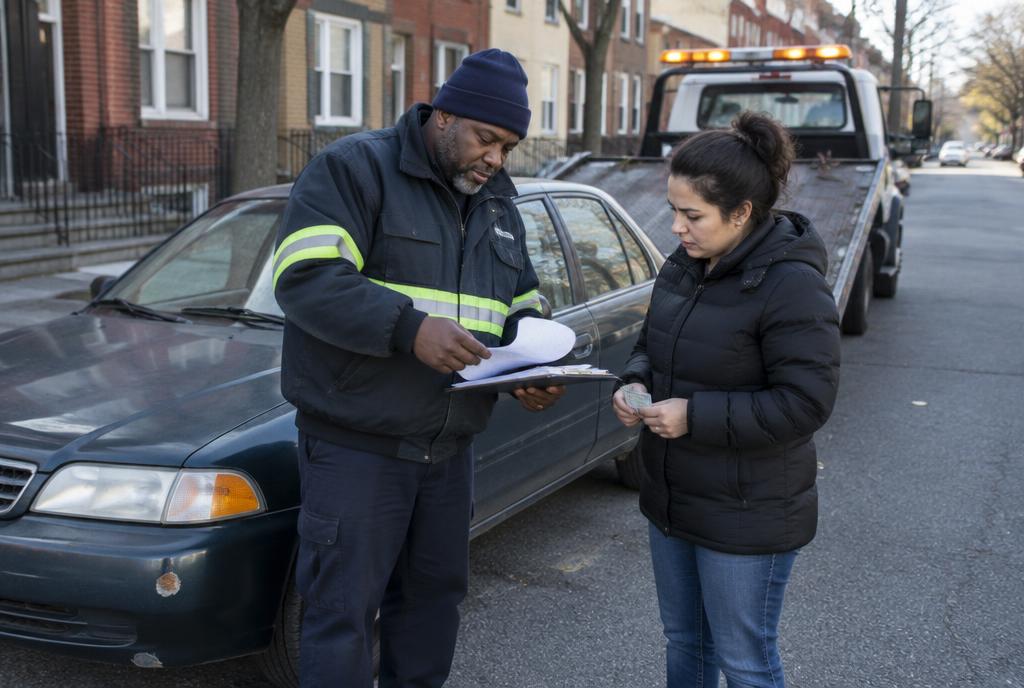 Operator reviewing registration paperwork during a no-title cash for cars pickup in Philadelphia
