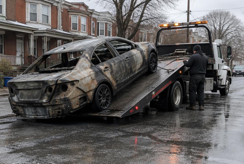 Fire-damaged car winched onto a flatbed — cash for flooded or fire-damaged cars in Philadelphia