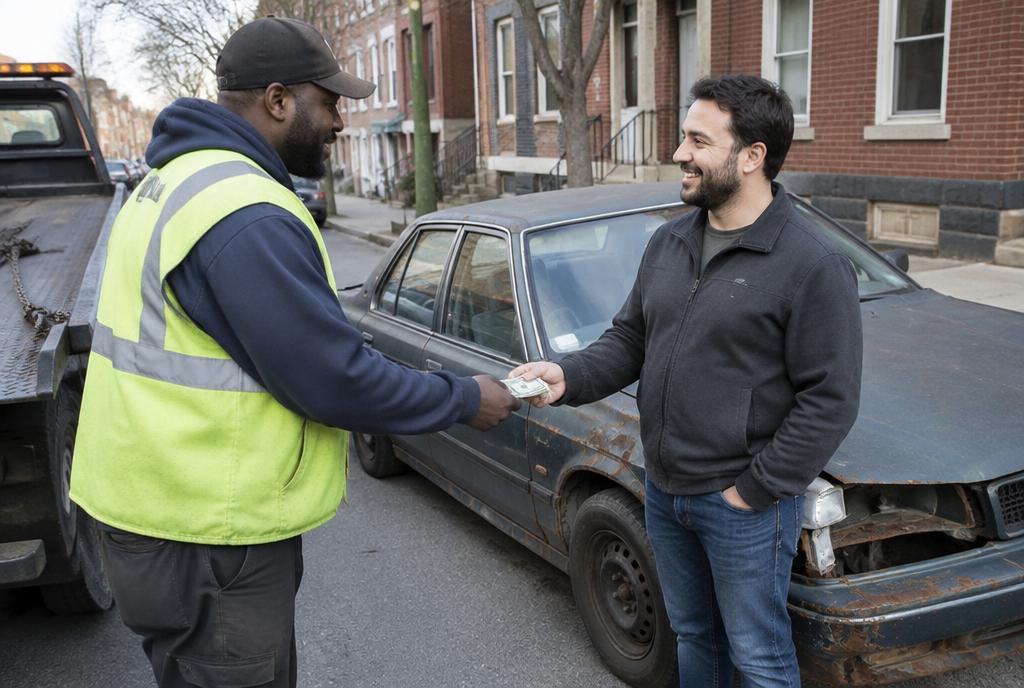 Tow operator paying cash for a clunker car on a Philadelphia street