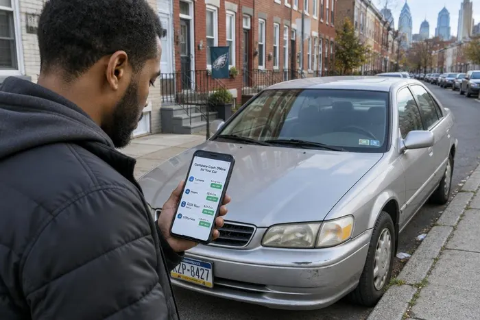 Philadelphia car owner comparing cash for junk car offers on a phone beside an old sedan