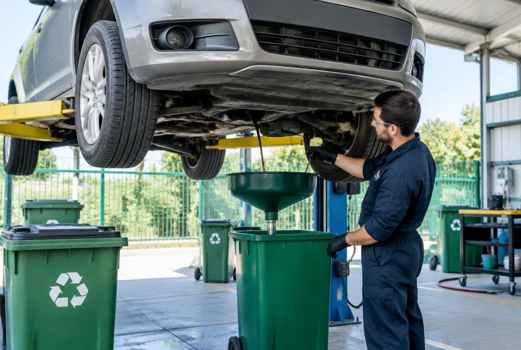 Fluids drained from a car on a lift at an eco-friendly vehicle disposal facility near Philadelphia