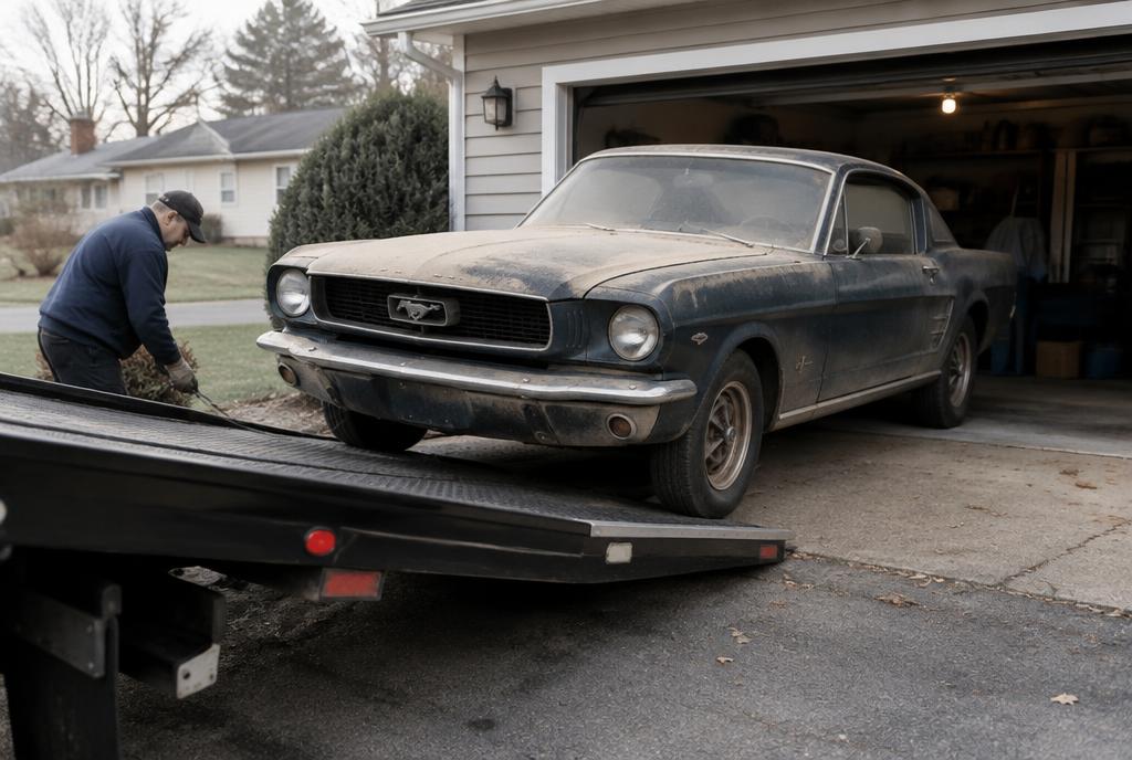 Dusty vintage car pulled from a garage during estate vehicle removal near Philadelphia