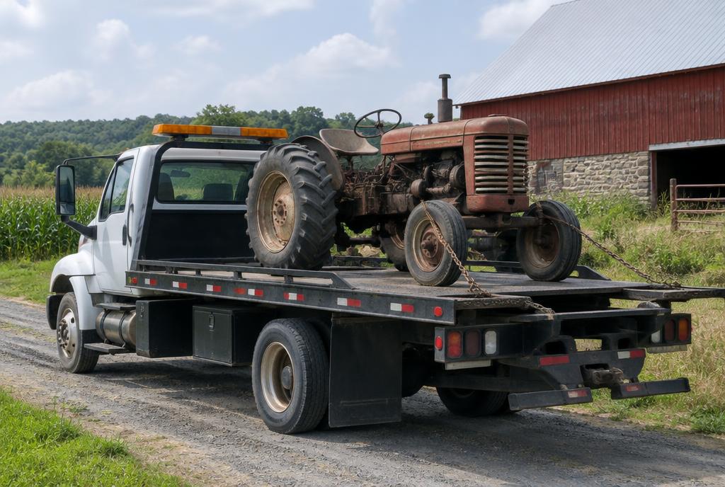 Flatbed hauling a rusty tractor during farm and construction equipment removal in Pennsylvania