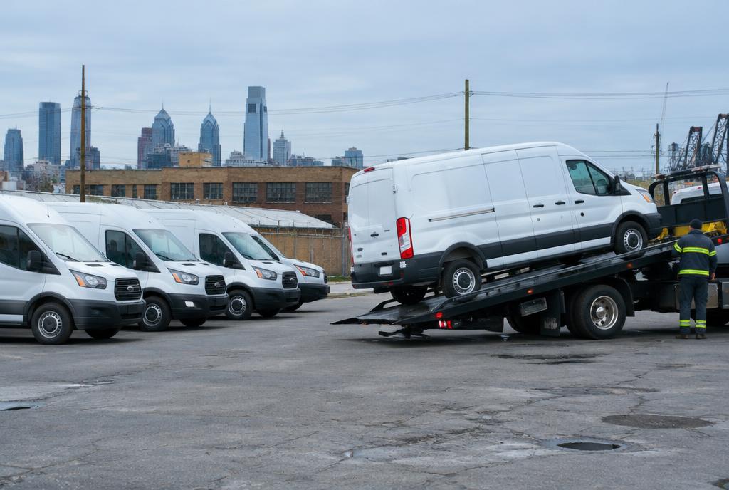 Work van loaded on a flatbed during fleet vehicle decommissioning in Philadelphia