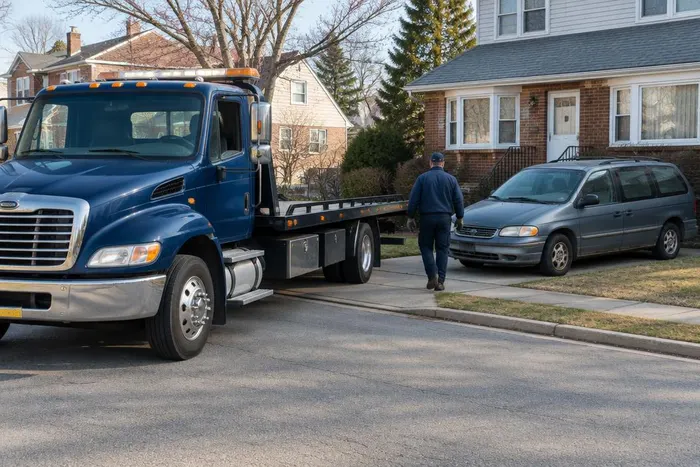 Flatbed tow truck arriving for free junk car removal at a Philadelphia-area home