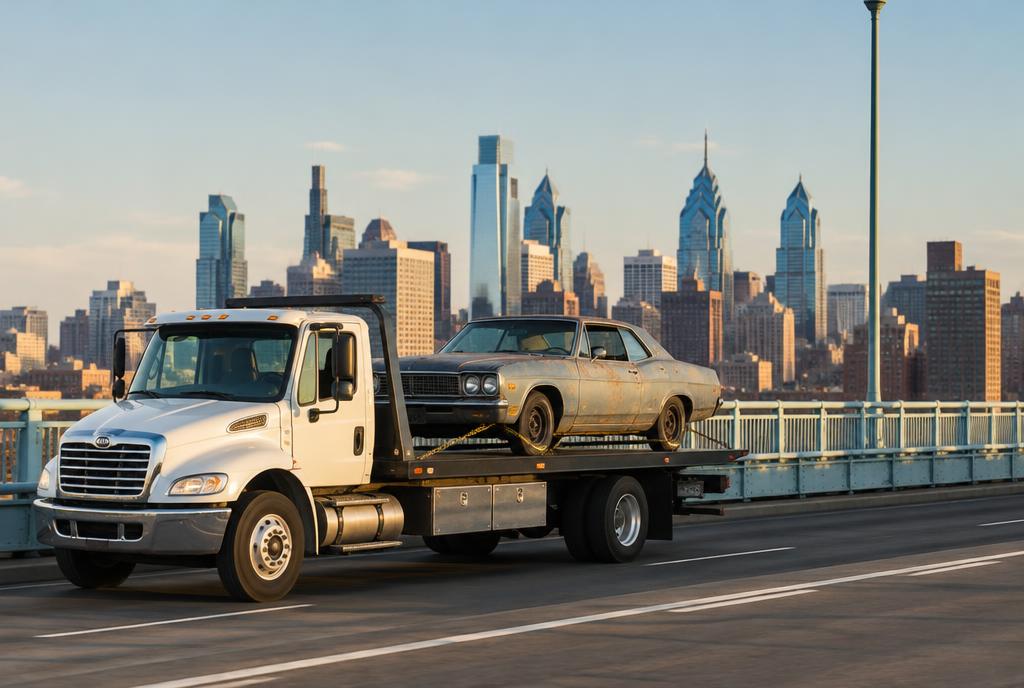 Flatbed carrying a junk car across a Philadelphia bridge — free towing for junk cars