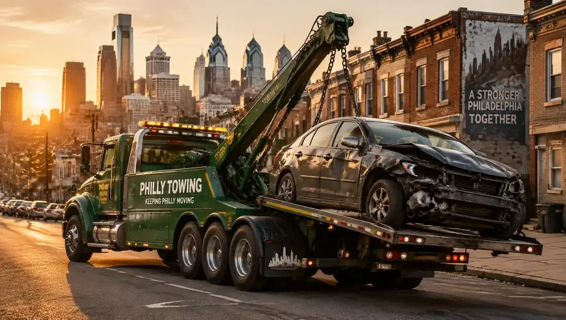 Flatbed tow truck collecting a junk sedan on a narrow Upper Darby street