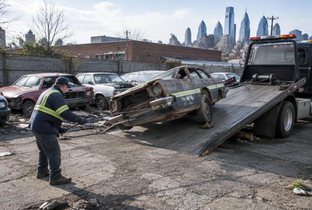 Tow truck clearing multiple junk cars during a Philadelphia lot cleanout