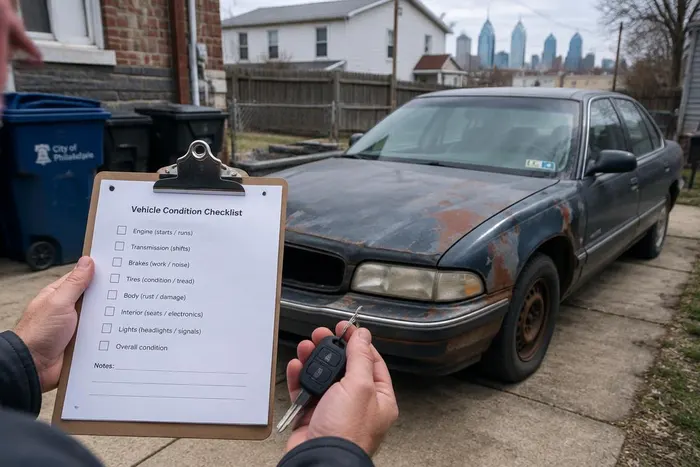 Junk car pickup checklist and keys ready beside an old car in a Philadelphia driveway