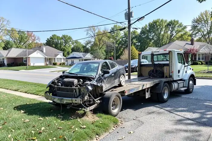 Junk car being loaded onto a flatbed for removal in Philadelphia