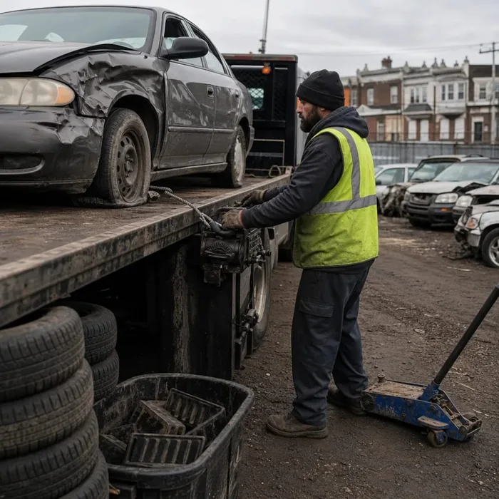 Tow truck worker loading a junk car for salvage removal in Philadelphia