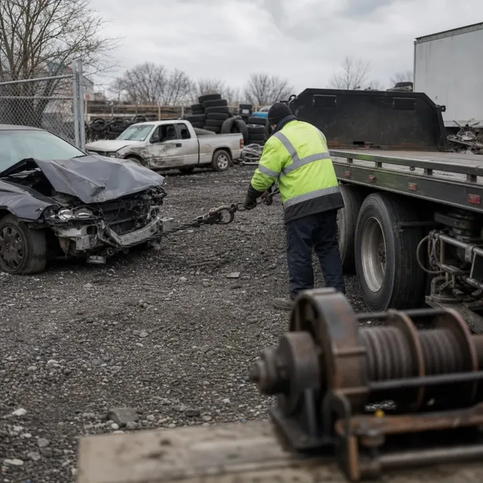 Tow truck loading a junk car at a Philadelphia, PA vehicle salvage yard