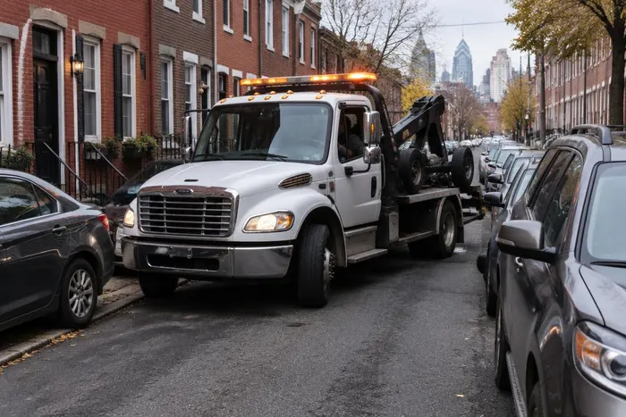 Tow truck navigating a tight Philadelphia rowhouse street for junk car removal