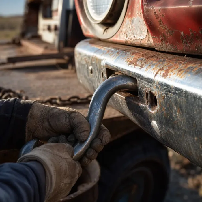Close-up of tow hook attaching to rusted junk truck bumper for Philadelphia cash sale