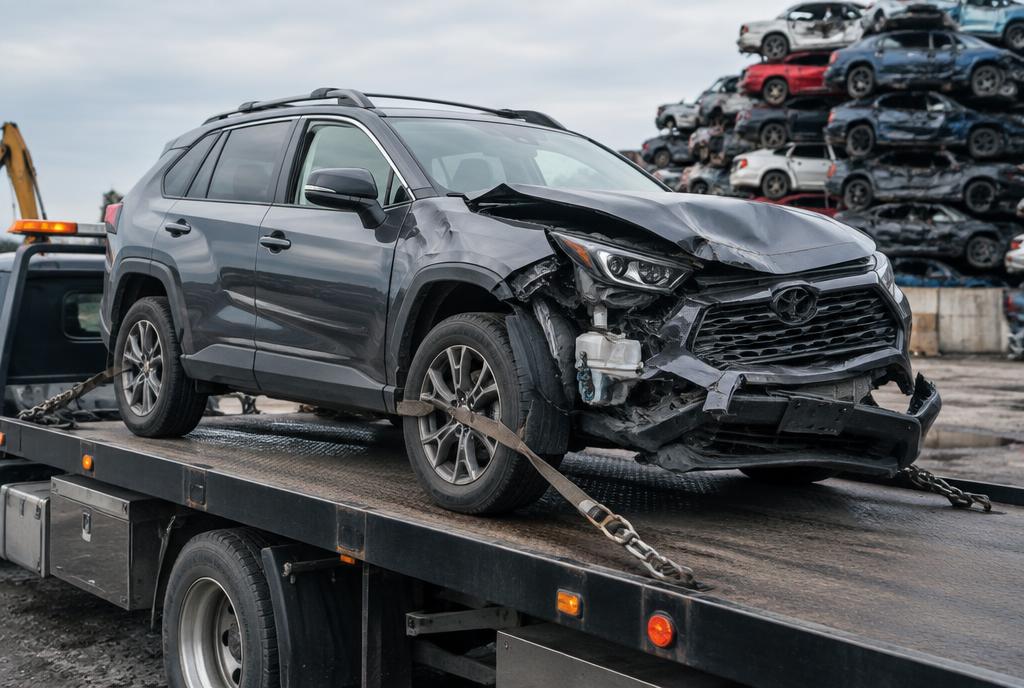 Late-model damaged SUV on a flatbed at a Philadelphia vehicle recycling facility
