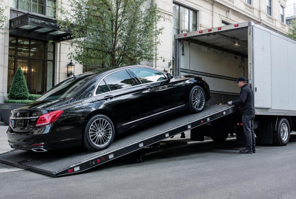Luxury sedan loaded into an enclosed truck during a luxury car buyout in Philadelphia