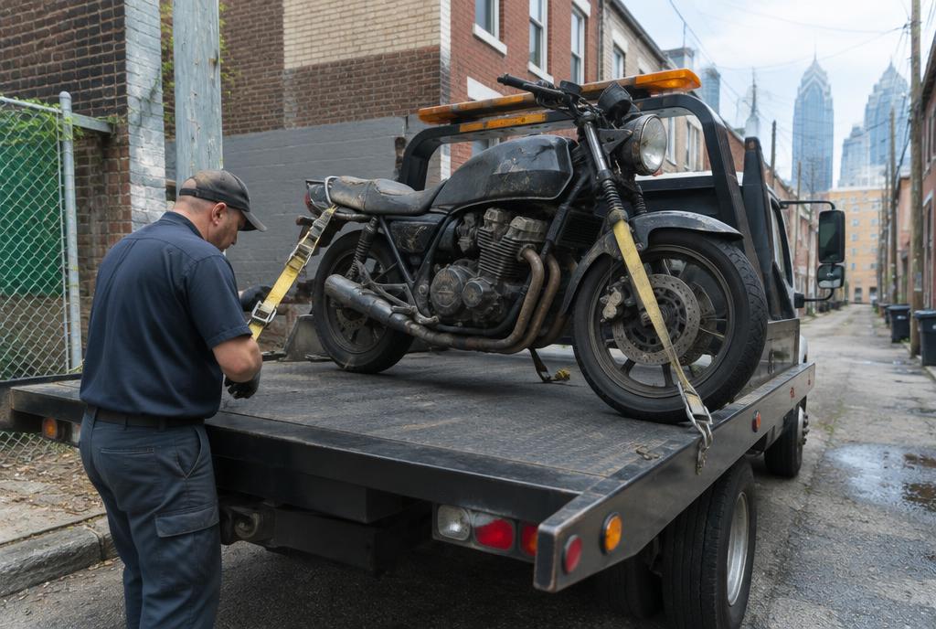 Old motorcycle strapped to a flatbed during motorcycle junk removal in Philadelphia, PA