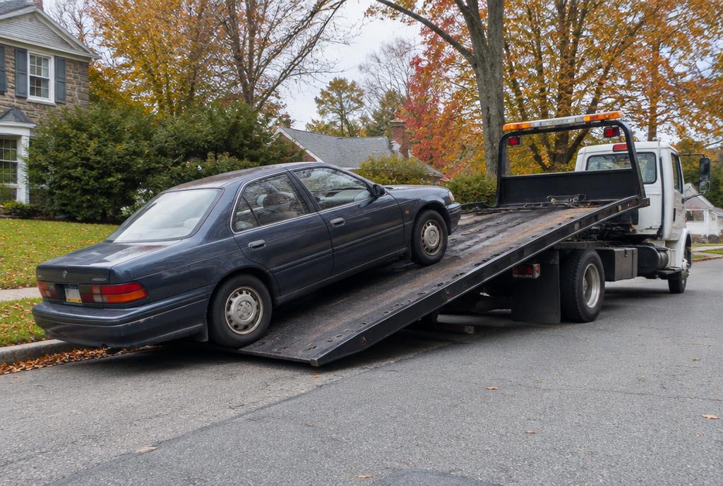 Old sedan loaded on a flatbed for old car disposal in the Philadelphia suburbs
