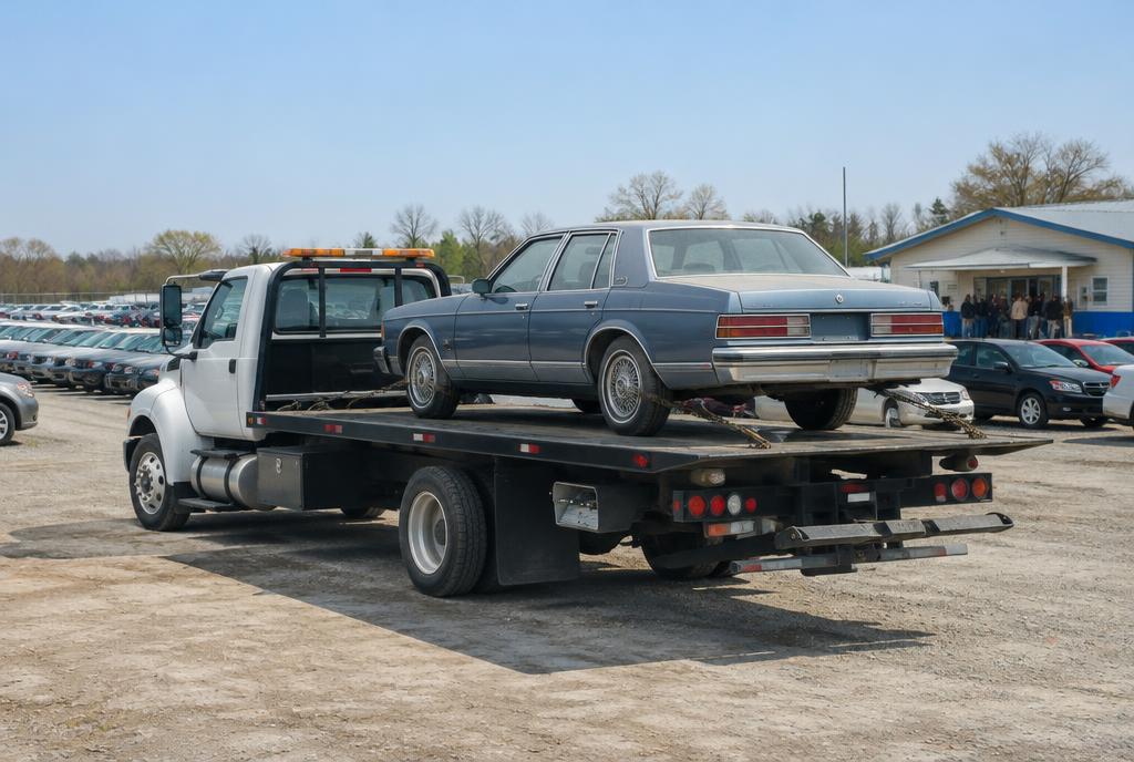 Flatbed delivering an old sedan to an auto auction yard near Philadelphia