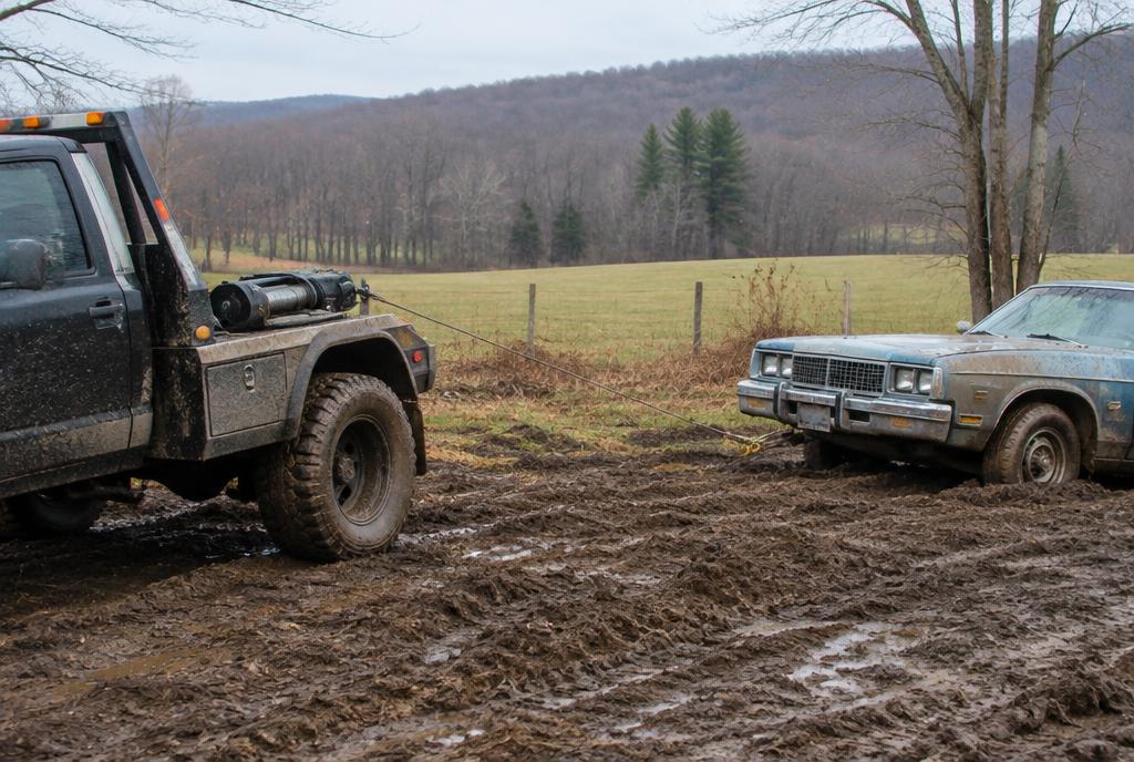 4x4 tow truck winching a car from a muddy rural Pennsylvania lot