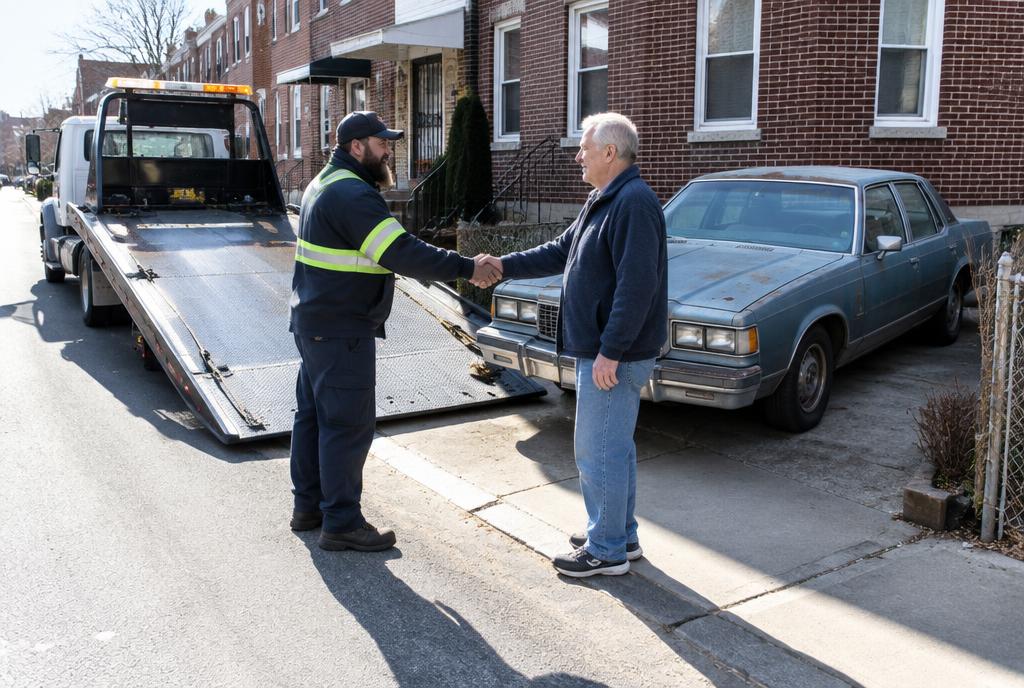 Same-day junk car pickup in Philadelphia: tow operator greeting a homeowner at pickup