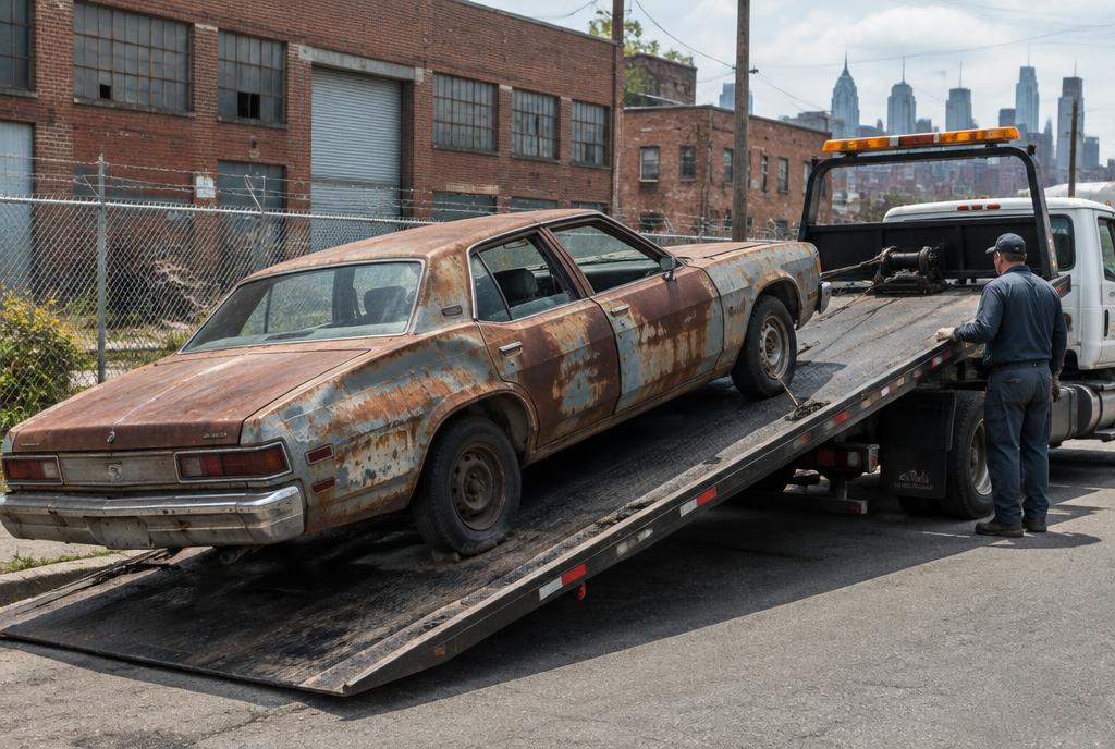 Rusty scrap car winched onto a flatbed during scrap car removal in Philadelphia, PA