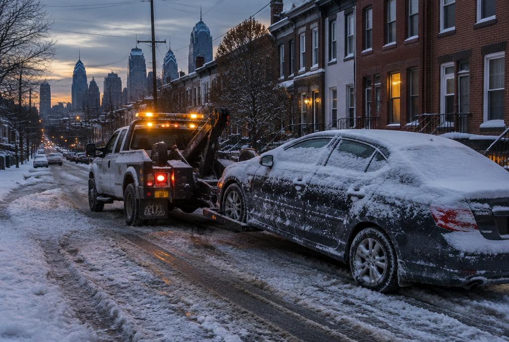 Tow truck pulling a snow-covered car from a snowy Philadelphia street at dusk