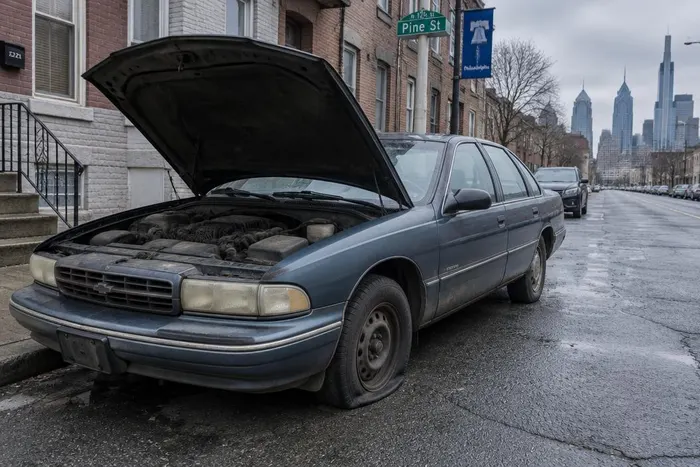 Non-running car with the hood open parked on a Philadelphia street, ready to sell for cash