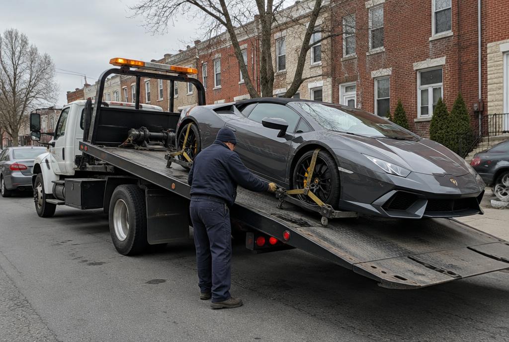 Flatbed tow truck loading a low-clearance sports car for special vehicle towing in Philadelphia, PA