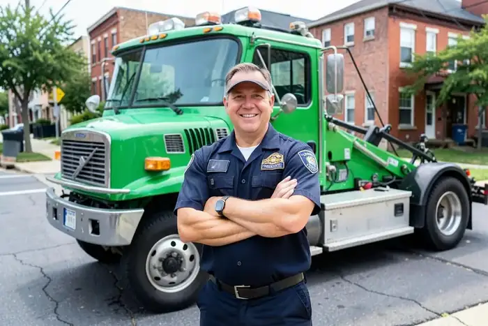 L & S Towing & Recovery tow truck operator in uniform beside the company truck