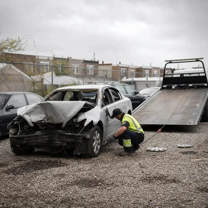 Tow operator hooking winch cable to junk car frame for cash sale pickup in Philadelphia